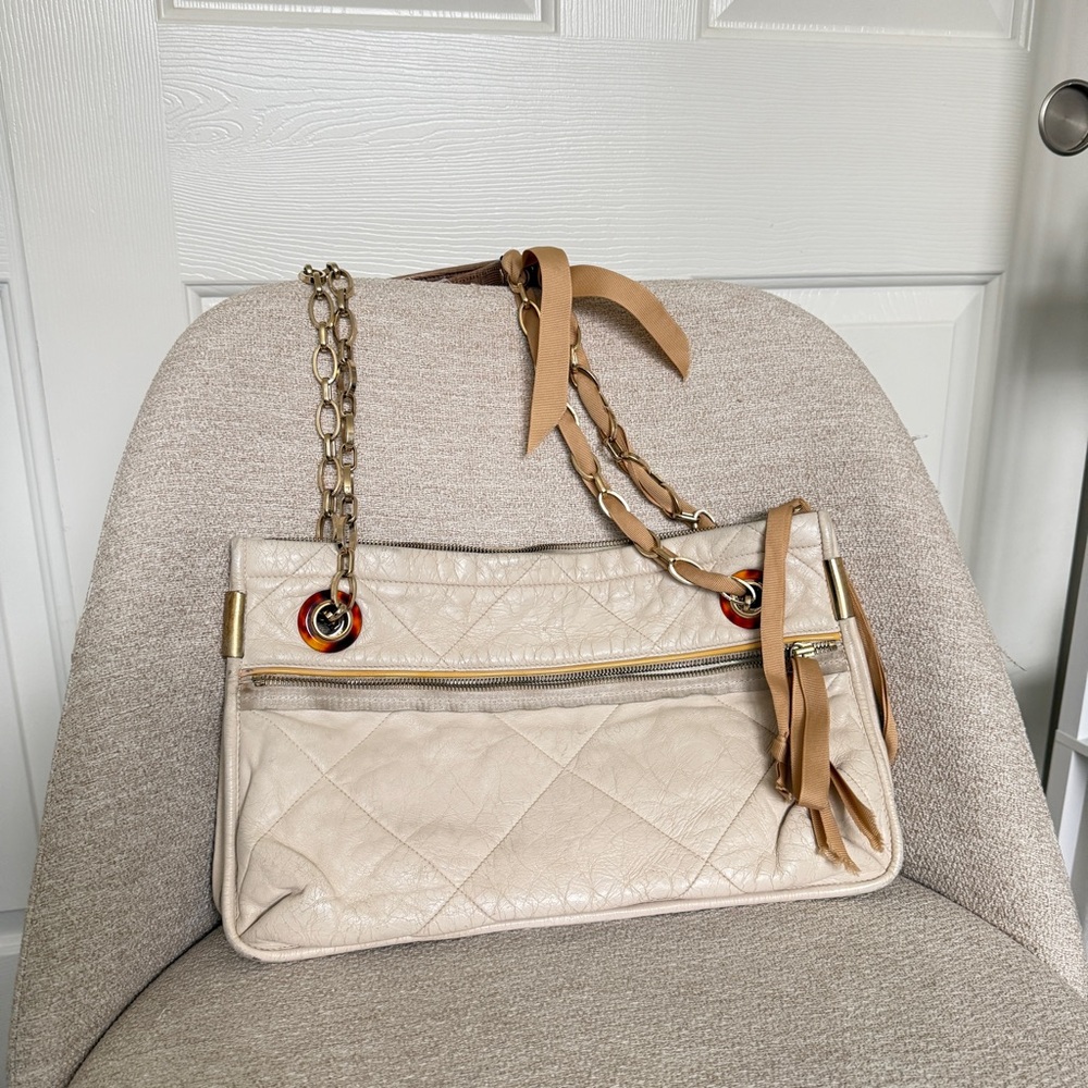 Lanvin Amalia Cream Quilted Lambskin Shoulder Bag with Chain Strap